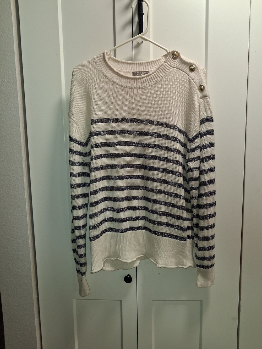 J. Crew Cream Sweater with Navy Stripes and Shoulder Buttons